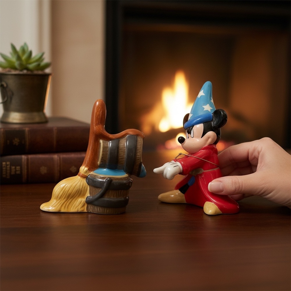 Disney Mickey Mouse Sorcerer w/Broom/Bucket Salt & Pepper shakers red and blue